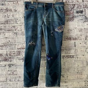 Free people stretch, skinny jean with butterfly patches